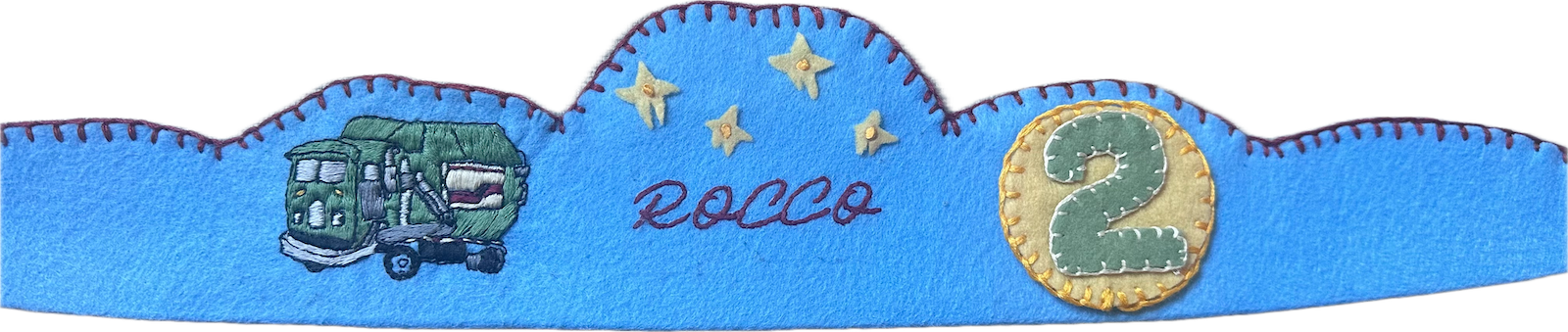 Sky-blue scalloped felt crown with an embroidered garbage truck, yellow stars, the name Rocco, and a number 2 patch.